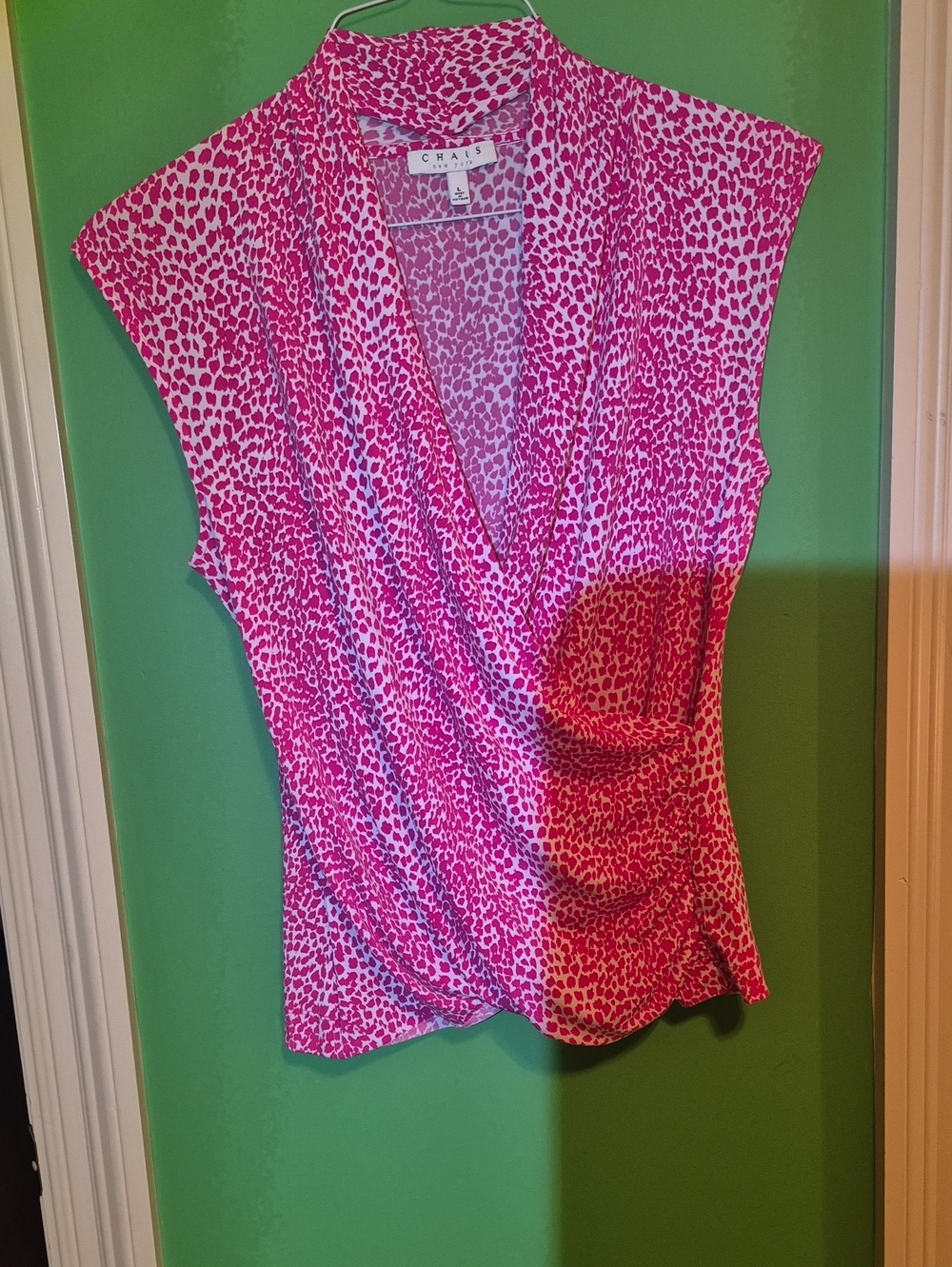 Chaus Hot Pink and White Animal-Print Surplice Cap Sleeve Top